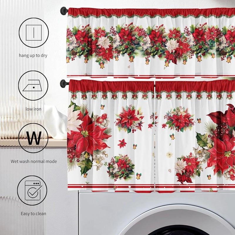 SUNWISHA Christmas Poinsettia Curtain Valances Set - Upper & Lower Curtains, 52'' L x 18'' W & 36'' L x 26'' W, Kitchen Windows Decor, 3 Piece Set, Red - Image 5